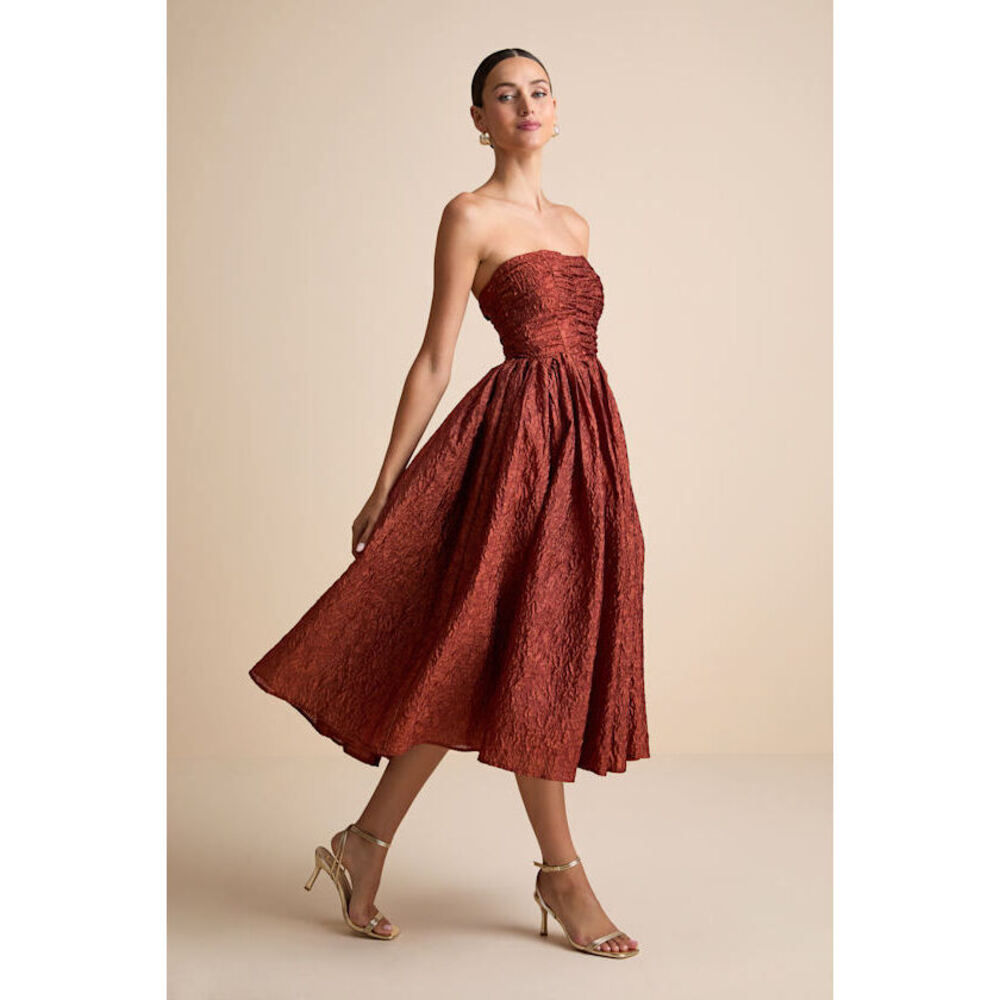Lulus Analeia Rust Jacquard Lace-up Strapless Midi Dress Red - Size S